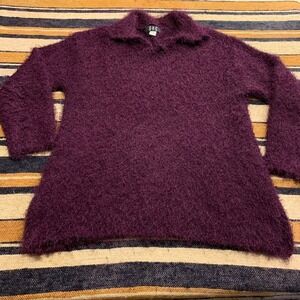 VTG y2k sweater Purple Fuzzy Eyelash Knit Collared V-Neck Large Whimsygoth Artsy